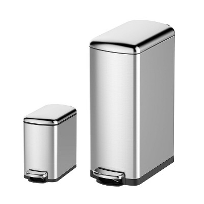 Kitchen Trash Can Set, 8 Gal & 1.6 Gal Stainless Steel Waste Bins, Soft-Close Lid, Step-on Garbage Bin for Kitchen, Office, Bathroom