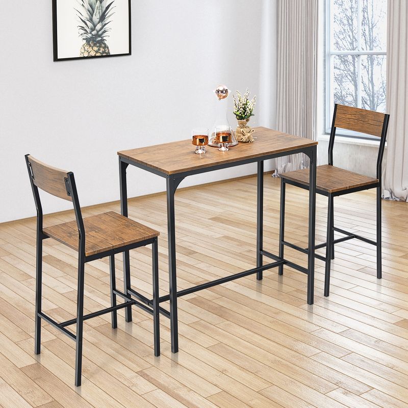 Costway 3PCS Bar Table Set Industrial Counter Height Dining Table Set w/2 Stools, 3 of 11