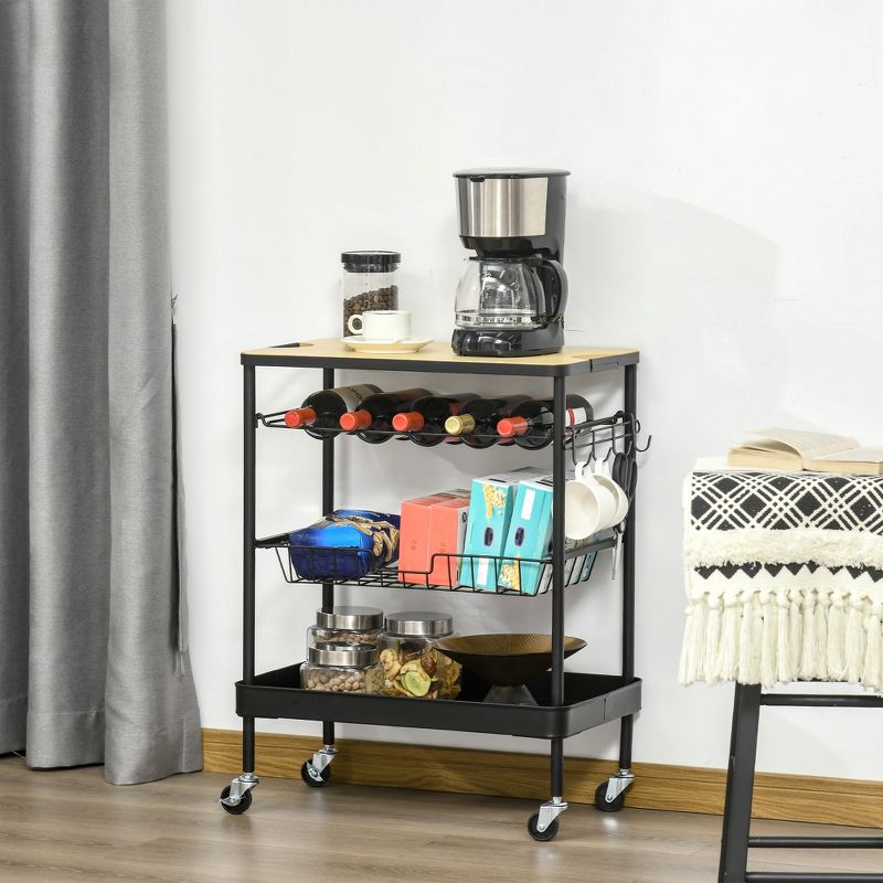 HOMCOM Rolling Kitchen Cart, 3-Tier Utility Storage Trolley with Wine Rack, Mesh Drawer and Side Hooks for Dining Room, Black/Natural, 2 of 7