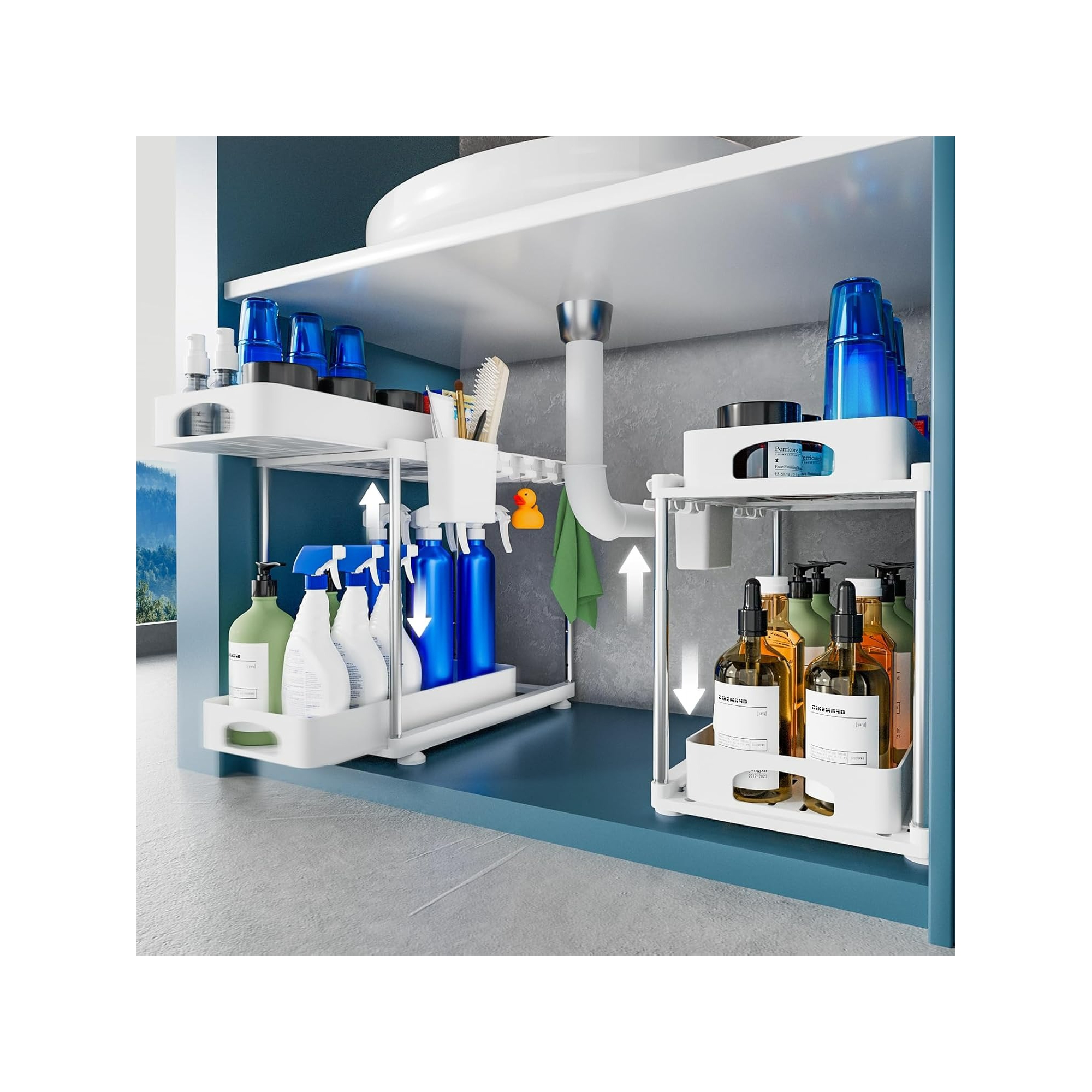 Aeelleea 2 Pack Under Sink Organizers and Storage, Double Sliding 2 Tier Height Adjustable Cabinet Organizer for Kitchen, Bathroom, Laundry Room