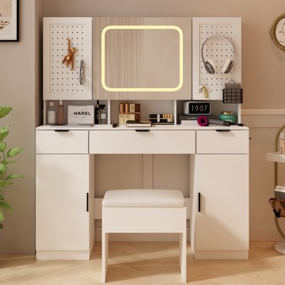 KTMBDW Large Vanity Table Set with LED Lighted Mirror and 2 DIY Pegboards, 5 Hooks, Vanity Desk with Drawers and Cushioned Stool for Bedroom