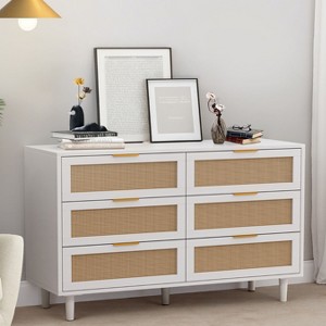 KWPZQEB Rattan Dresser for Bedroom, 6 Drawer Wood Boho Dresser Storage with Metal Handle, Chest of Drawers for Living Room, Hallway - 1 of 4