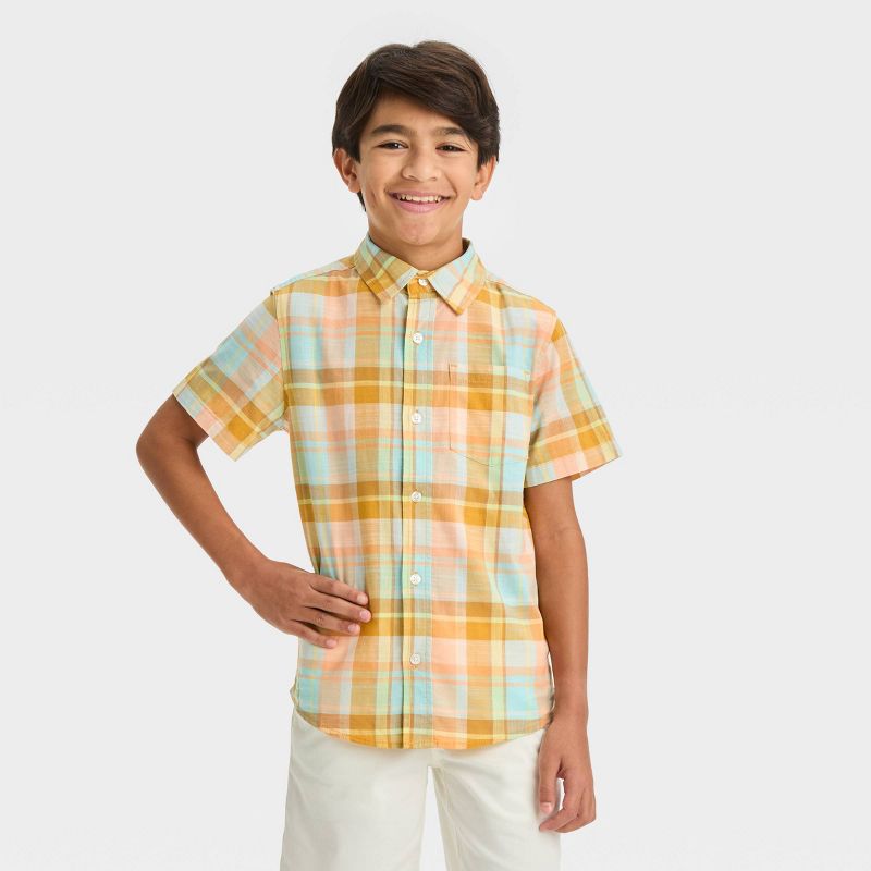 Boys' Short Sleeve Poplin Button-Down Shirt - Cat & Jack™ Light Blue/Orange, 1 of 6