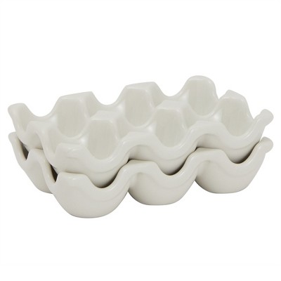 Farmlyn Creek 2 Pack Ceramic Half Dozen Egg Tray Holder for Countertop, Refrigerator, Porcelain Egg Carton Holds 6 Chicken Eggs for Easter, White