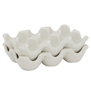 Farmlyn Creek 2 Pack Ceramic Half Dozen Egg Tray Holder for Countertop, Refrigerator, Porcelain Egg Carton Holds 6 Chicken Eggs for Easter, White - 1 of 4