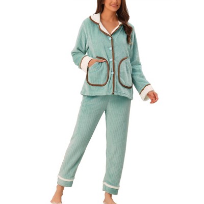 Cheibear Women's Soft Warm Fluffy Fleece Button Down Long Sleeve Sleepwear  With Pockets Pajama Set Pink Medium : Target