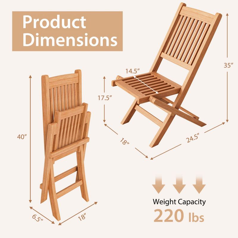 Costway 3pcs Patio Outdoor  Indonesia Teak Wood Bistro Dining Set Folding Chair & Table Slatted, 5 of 11