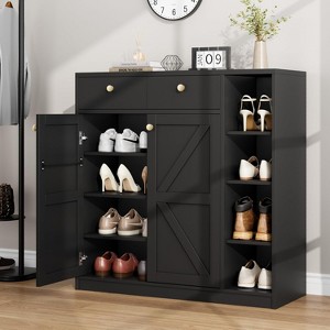 42'' Tall Shoe Storage Cabinet with Doors and Drawers, Modern 4-Tier Shoes Rack Organizer with 3 Adjustable Shelves for Entryway, Natural - 1 of 4