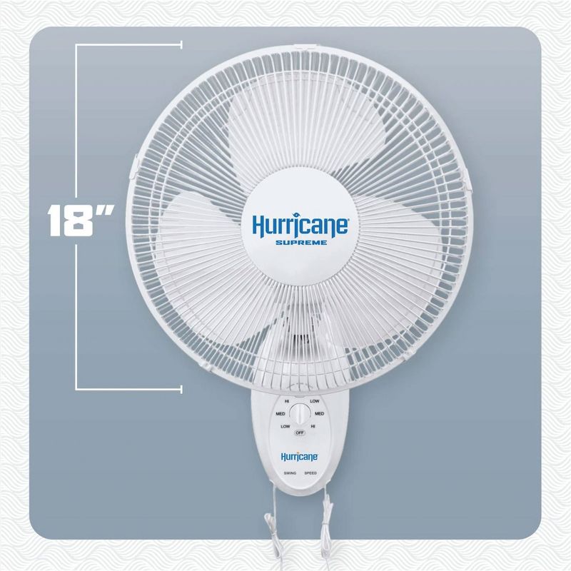 Hurricane Supreme 18 Inch 90 Degree Oscillating Indoor Wall Mounted 3 Speed Plastic Blade Fan with Adjustable Tilt and Pull Chain Control, White, 2 of 7