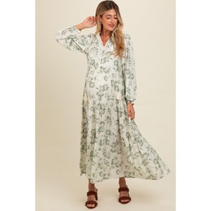 Pinkblush Olive Floral Button Front Tiered Long Sleeve Maternity Maxi Dress - 1 of 4