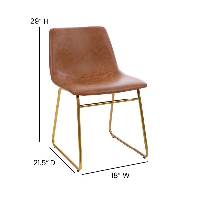 Light Brown LeatherSoft Bucket Dining Chairs with Gold Sled Base, Set of 2