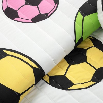 White and Turquoise Microfiber Reversible Soccer Quilt Set for Girls