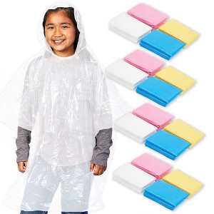 Blue Panda 20-Pack Disposable Rain Ponchos for Kids - Emergency Raincoats with Hood for Boys and Girls (4 Colors, Clear) - 1 of 4