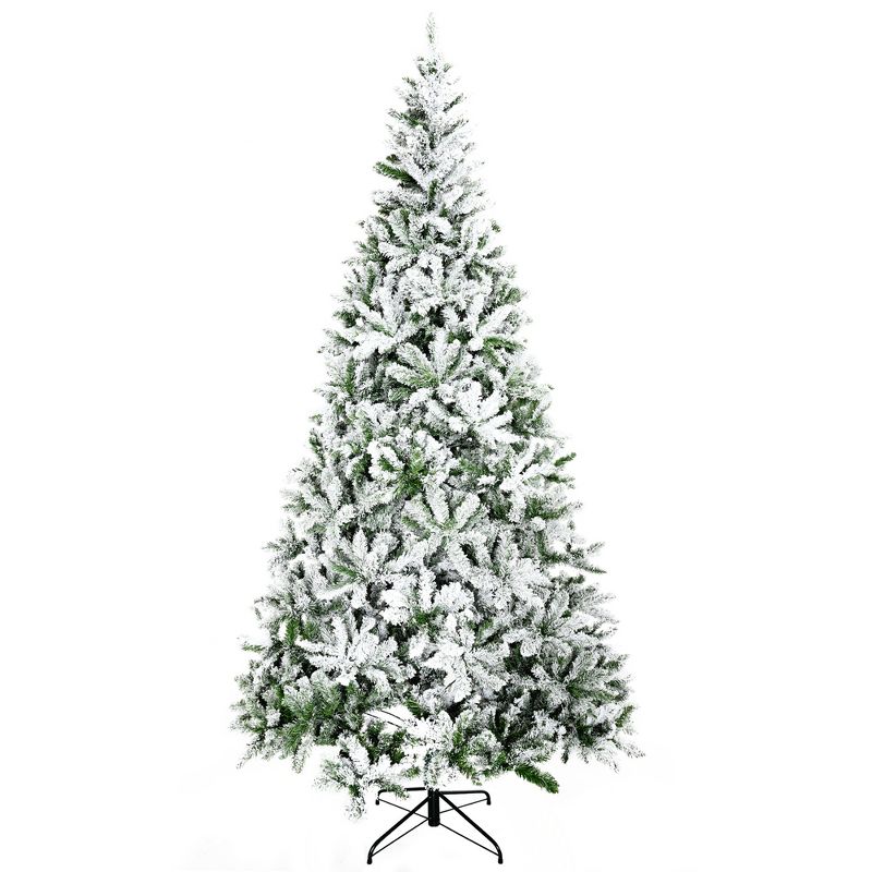 HOMCOM 9 FT Tall Unlit Snow Flocked Pine Artificial Christmas Tree with Realistic Branches, Green, 1 of 7
