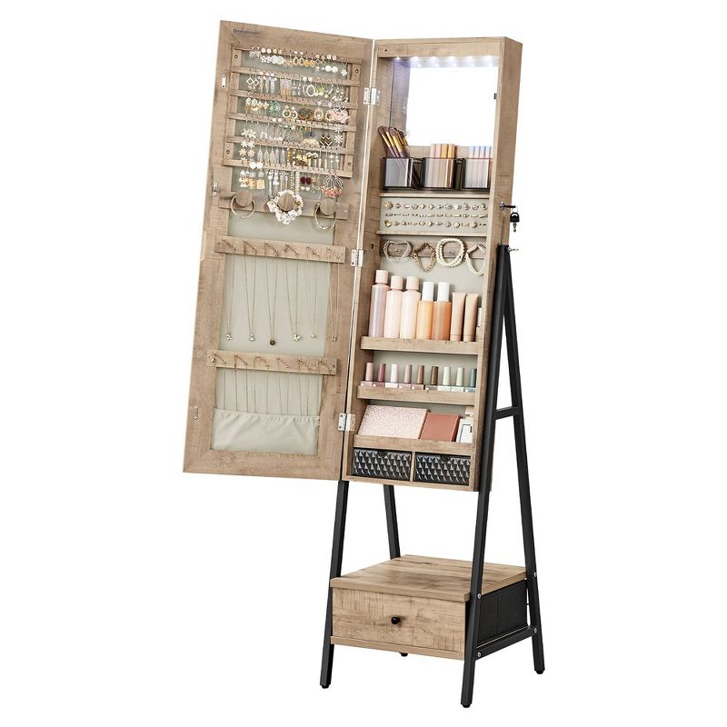 SONGMICS LED Jewelry Cabinet Standing Lockable Jewelry Armoire with Full-Length Mirror Jewelry Organizer Box, 1 of 9