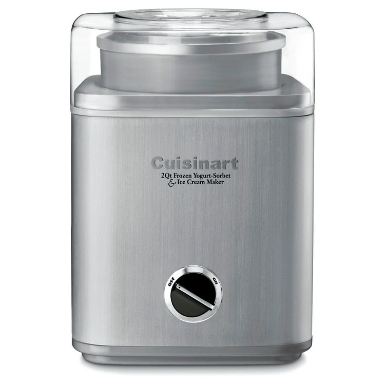 Silver colored ice cream maker with a transparent lid and a dial labeled "OFF" and "ON."