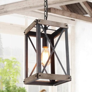 LNC Laius 9-in Square Kitchen Island Pendant Light Fixture,1-Light Matte Black and Brown Wood, Farmhouse - 1 of 4