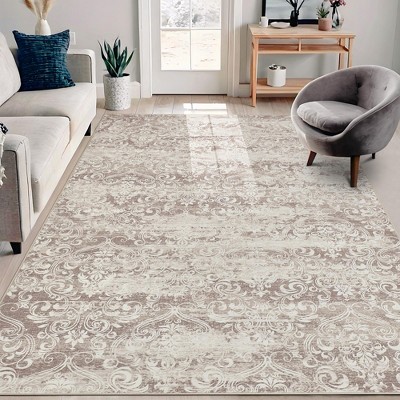 Washable Area Rug for Living Room, Soft Vintage Distressed Boho Damask Carpet, Large Non-Slip Accent Rug for Bedroom Dining Room Indoor Floor Decor