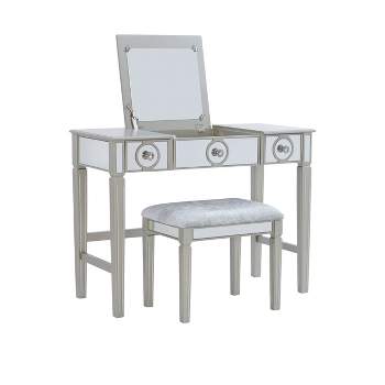 Madison Glam Flip-up Mirror 2 Drawer Vanity and Light Gray Upholstered Stool Mirror and Silver - Linon