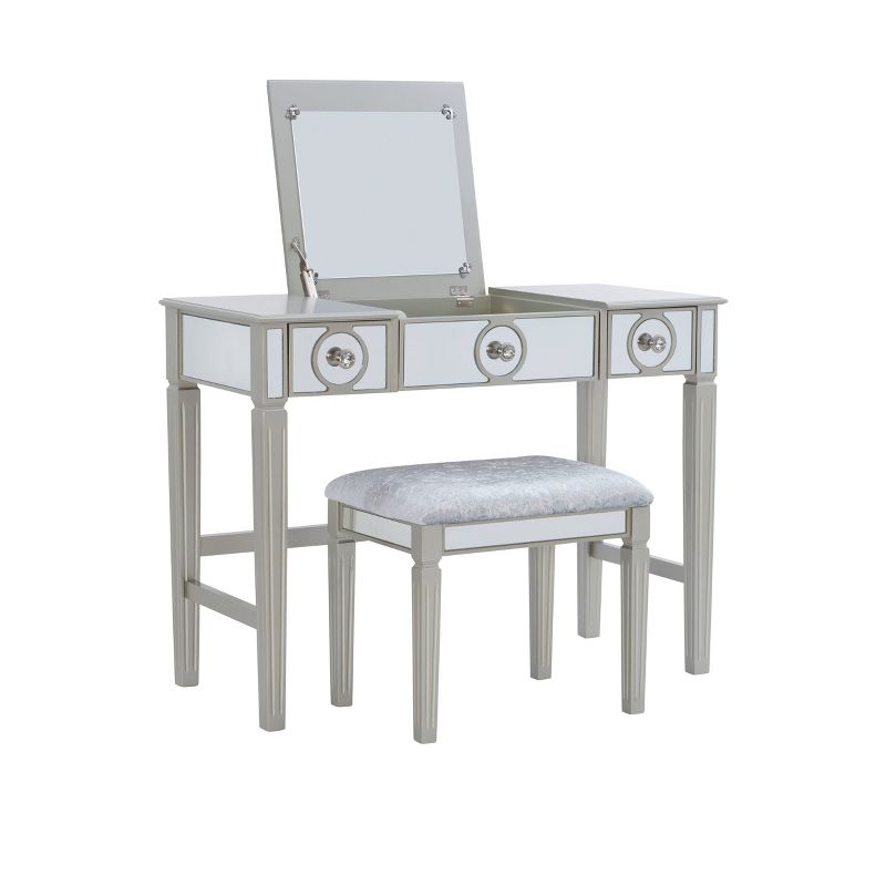 Madison Glam Flip-up Mirror 2 Drawer Vanity and Light Gray Upholstered Stool Mirror and Silver - Linon, 1 of 21