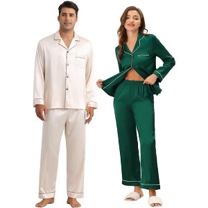 INSPIRE CHIC Couples Satin Pajamas Sets Button Down Long Sleeve 2 Pack Soft Loungewear - 1 of 4