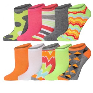 Tipi Toe Womens 10 Pairs Vibrant Stripes & Dots Pattern in Solid Colors Low Cut/No Show Socks - 1 of 4