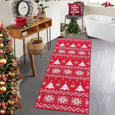 Boho Runner Rug Xmas Boho Rug Anti-Slip Rubber Backing Rug Non-Shedding Long Rugs for Kitchen Entry Way Living Room, 2' x 6', Red/White