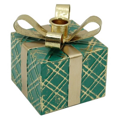 Northlight 4.5" Green Metal Gift Box Christmas Taper Candle Holder