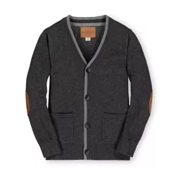 Hope & Henry Boys' Tipped Cardigan with Elbow Patches (Charcoal Gray Heather, XX-Small)