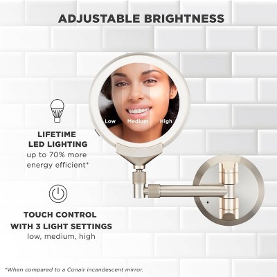 Satin Nickel LED Wall Mount Vanity Mirror with Telescoping Arm