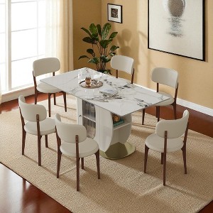 63" Modern 7-Piece Dining Table Set with Scratch-Resistant Burnt Stone Top, Built-in Storage, Gold Solid Wood Base, and 6 PU Leather Chairs - 1 of 4