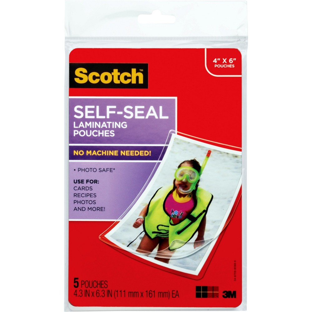 Scotch Self-Sealing Laminating Pouches 4.3 in x 6.3 in  Gloss Finish  5 Pouches