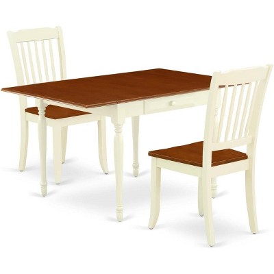 East West Furniture 3 Pc Kitchen Table set - Robust Two 9-Inch Drop Down Leaves Solid Wood Dinette Table & 2 Wooden Seat Dining Chairs,  White
