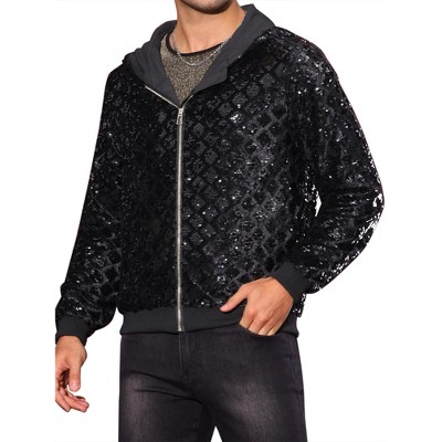 Lars Amadeus Men's Long Sleeves Shiny Metallic Sequins Argyle Printed Hooded Jacket Black X Large — фото 2