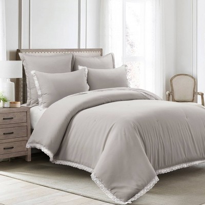 3pc King Ella Lace Ruffle Comforter & Sham Set Light Gray - Lush