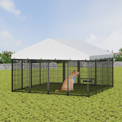 Large Outdoor Dog Kennel with Roof Cover, 9.6x9.3x6.2ft Heavy Duty Metal Dog Run Enclosure, Pet Playpen Fence for Backyard or Garden - Nertpow