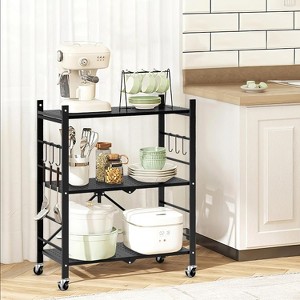 Hooure 3-Tier Folding Shelf - Instant Setup, Heavy-Duty Storage, Includes Hooks & Wheels - 1 of 4