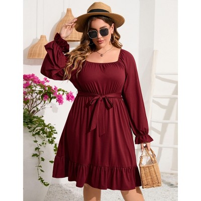 Coolmee Women's plus size Dress Casual Square Neck Dress Puff Long Sleeve Dresses High Waist Ruffle Midi Dress with Belt