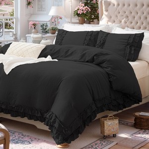Ruffle Duvet Cover Set – Pleated Shabby Chic Bedding with Pillowcases, Soft Washed Microfiber, Elegant Boho Farmhouse Style - 1 of 4