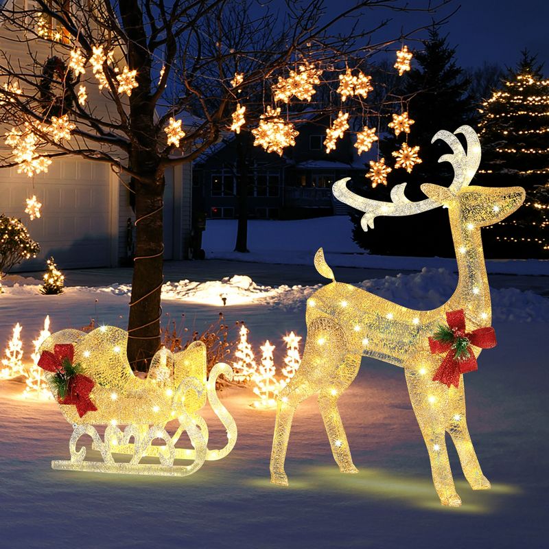 Costway Lighted Christmas Reindeer & Sleigh, Outdoor & Indoor Decoration W/ 100 Lights, 2 of 11