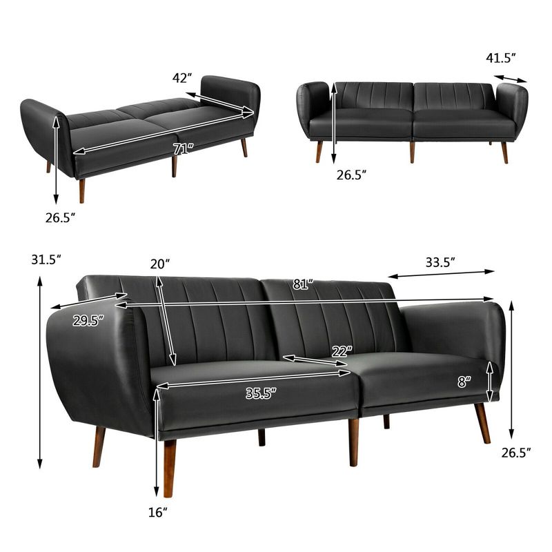Costway Convertible Futon Sofa Bed PU Adjustable Couch Sleeper w/Wood Legs, 3 of 13
