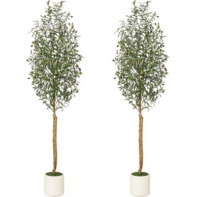Artificial Olive Tree with White Pot, Faux Floor Plants with Natural Wood Trunk & Fruits