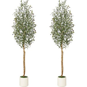 Artificial Olive Tree with White Pot, Faux Floor Plants with Natural Wood Trunk & Fruits - 1 of 4