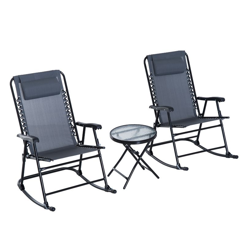 Outsunny 3 Piece Outdoor Rocking Bistro Set, Patio Folding Chair Table Set with Glass Coffee Table for Yard, Patio, Deck, Backyard, 1 of 9