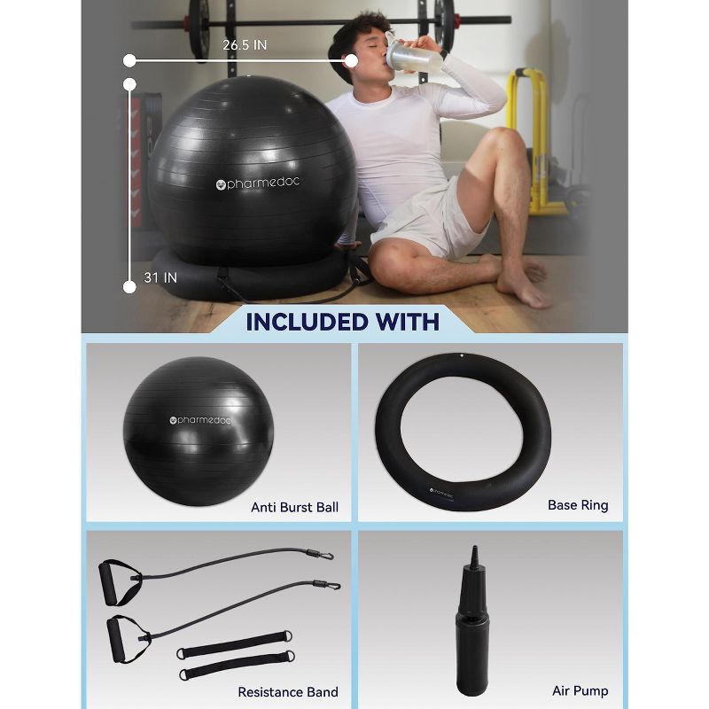 Pharmedoc Yoga Ball Chair - Exercise Ball Chair with Base & Bands for Home Gym Workout, 5 of 8