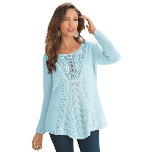 Roaman's Women's Plus Size Lace Yoke Pullover Sweater - 1 of 4