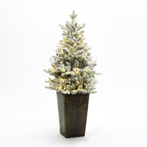 LuxenHome 4Ft Pre-Lit Flocked Artificial Tree in Tall Pot Green - 1 of 4
