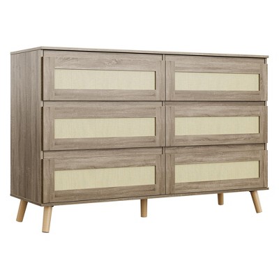 Rattan 6 Drawer Dresser for Bedroom, Modern Farmhouse Chest of Drawers with Storage, Wooden Clothes Dresser for Nursery, Entryway, Living Room