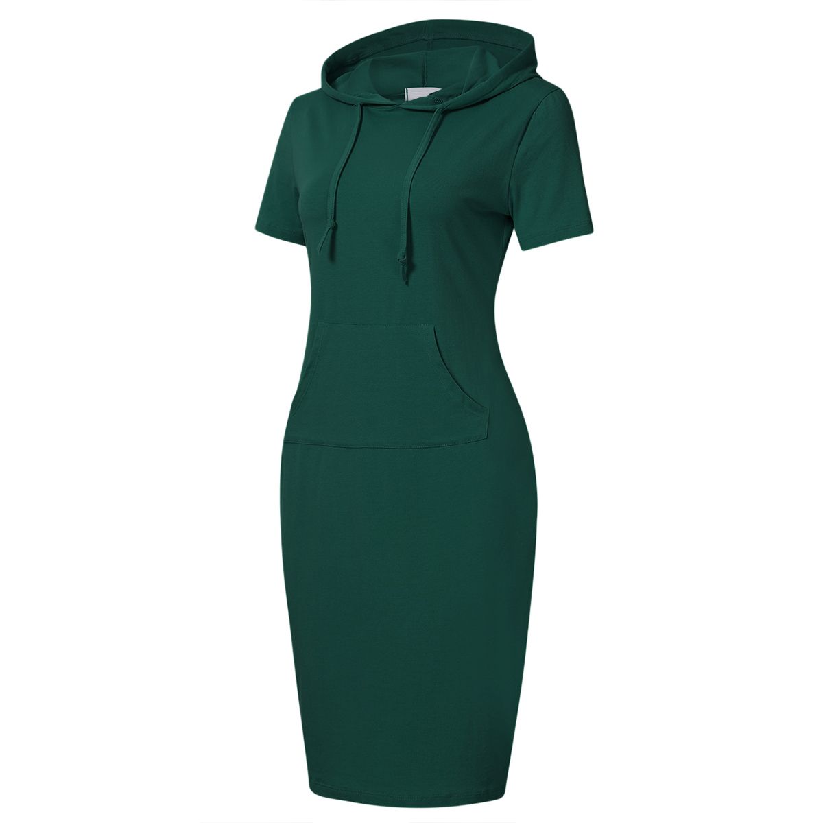 Women Short Sleeve Pocket Knee Length Slim Pullover Hoodie Dress - thumbnail 9