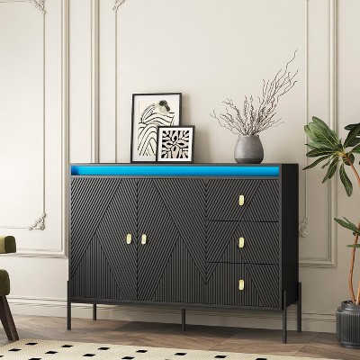 KTMBDW Sideboard Buffet with 3 Wood Drawers, Storage, Coffee Bar with LED Light, 2 Doors, Modern Accent Console Table for Kitchen Dining Room, Black